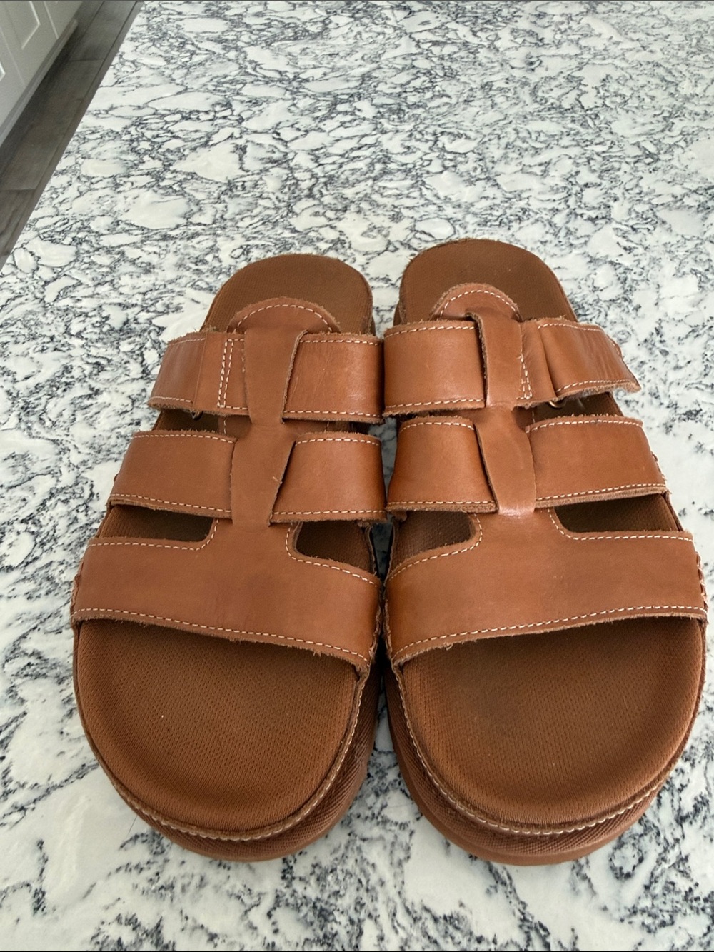 Women’s Tan Leather Goldenstar Double-Strap Slide Sandals